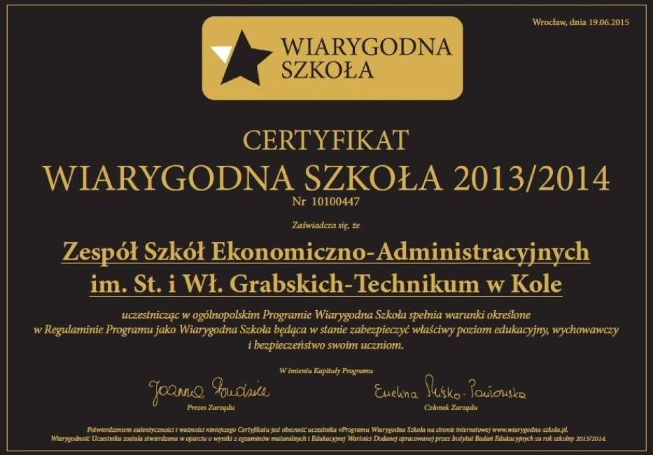 certyfikat wiarygodna szkola